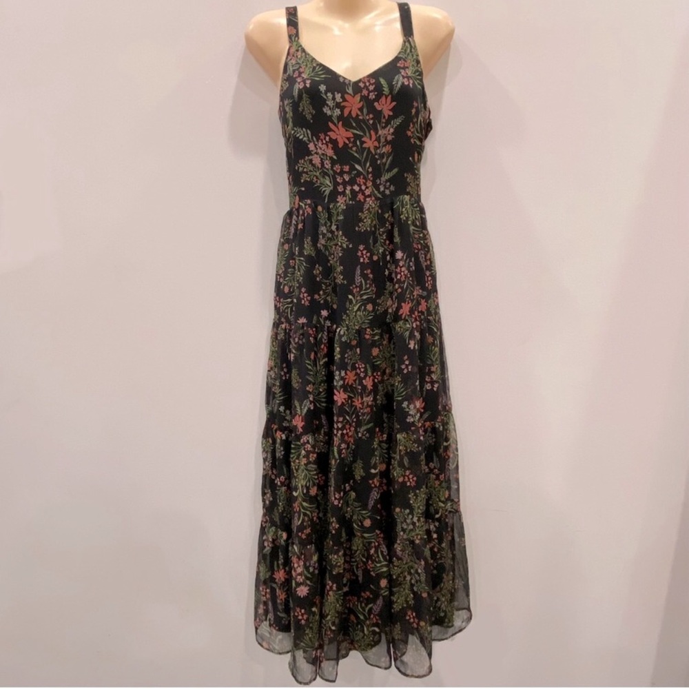Rachel Zoe Black Floral Maxi Dress with Pink and Green Print